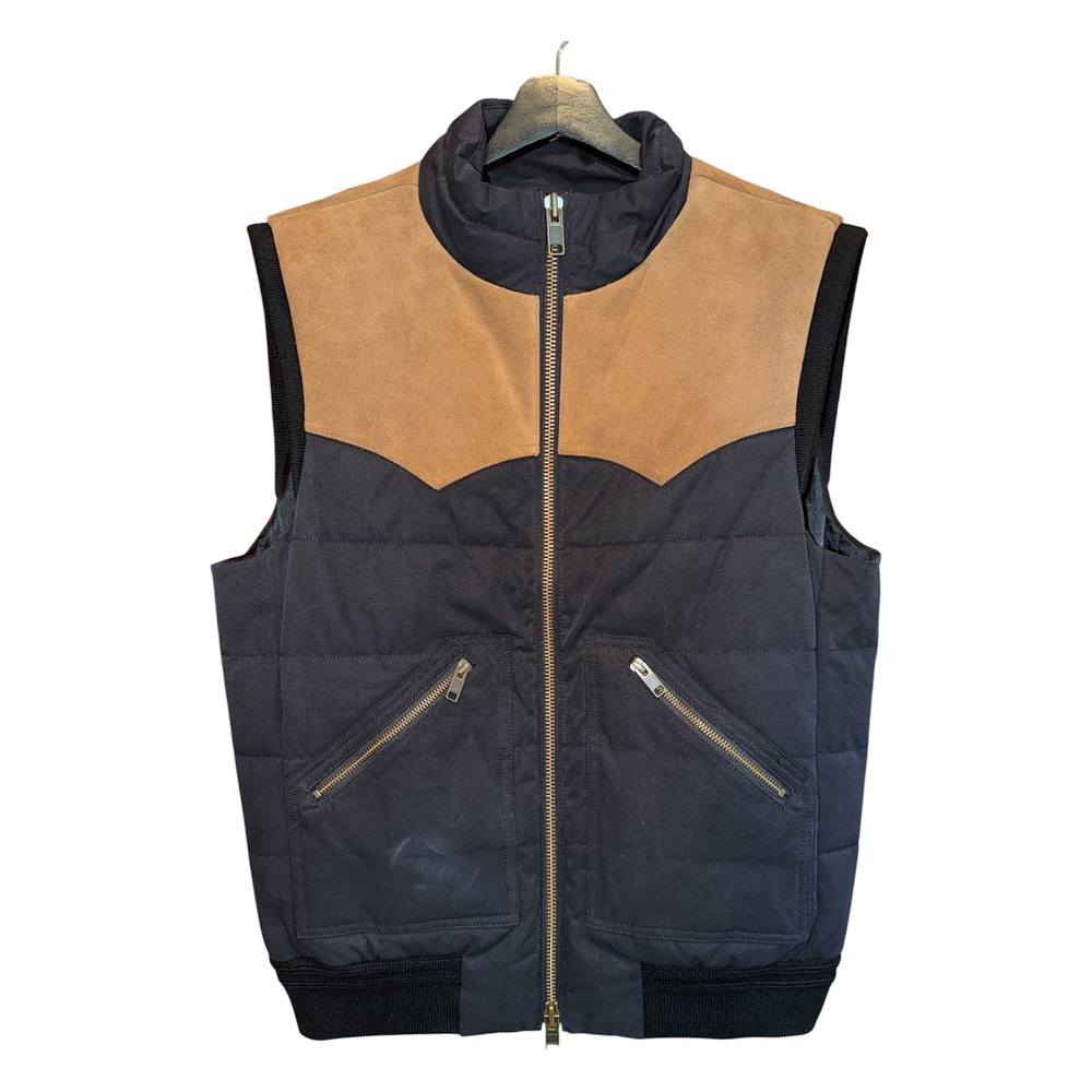 Frye Austin Quilted Suede Patch Vest Mens M Black Tan Leather Western Yoke NEW